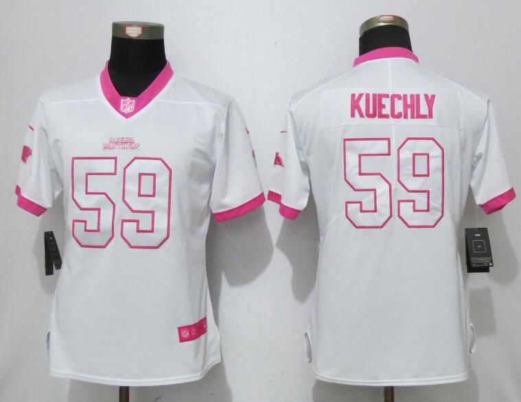 Women 2017 Carolina Panthers #59 Kuechly Matthews White Pink Stitched New Nike Elite Rush Fashion NFL Jersey->->Women Jersey
